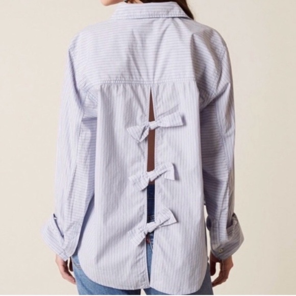 Free People Blue Striped Button Down Shirt with Bow Detailing on Back - Picture 2 of 8
